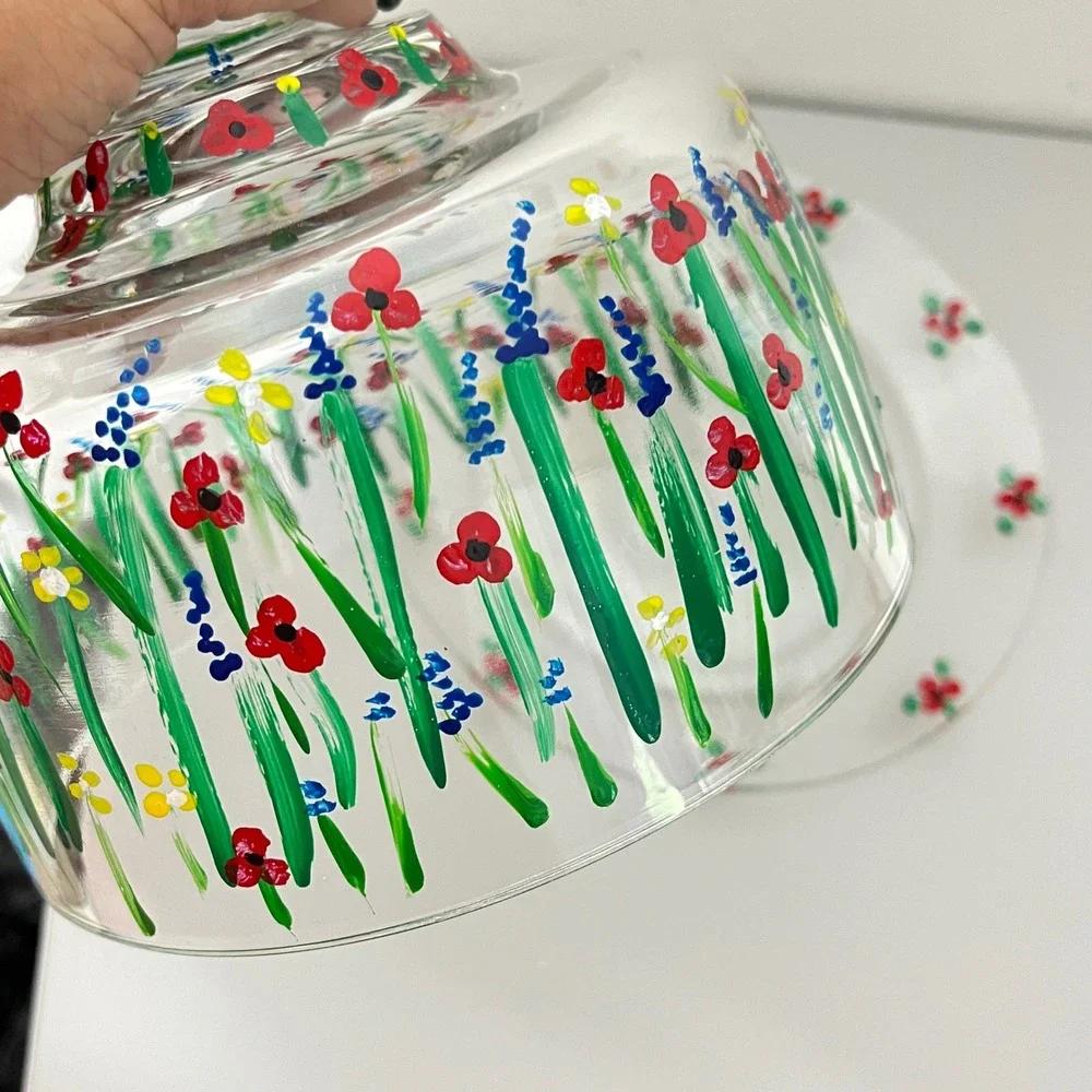 Vintage France  Cheese Cloche Set  Clear Hand Painted Floral Wildflower